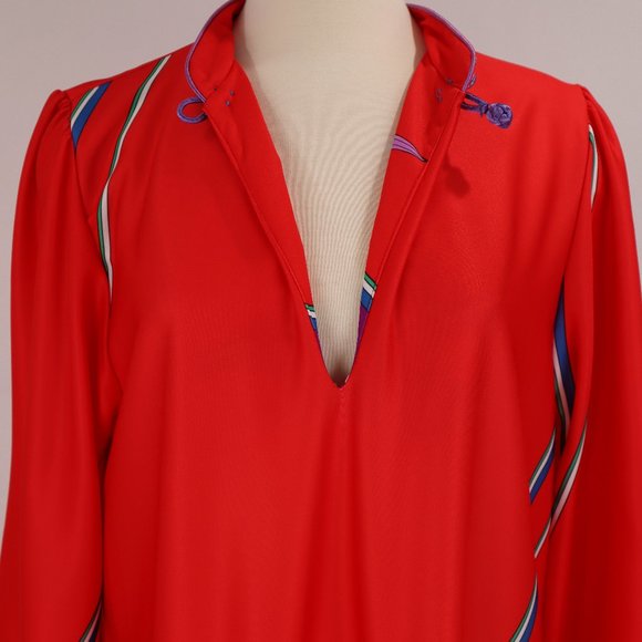 Vtg 70's Lisanne Floral Abstract Red Long Caftan Loungewear Nightgown Robe Asian - Picture 7 of 9